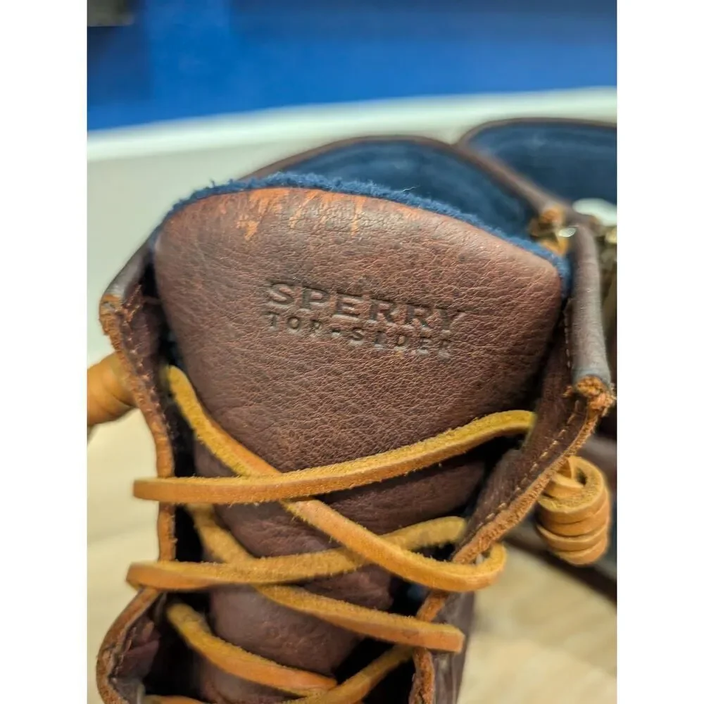 Sperry Duck Boots Women’s 9 Brown Leather & Navy Rubber Waterproof Rain Boots EU